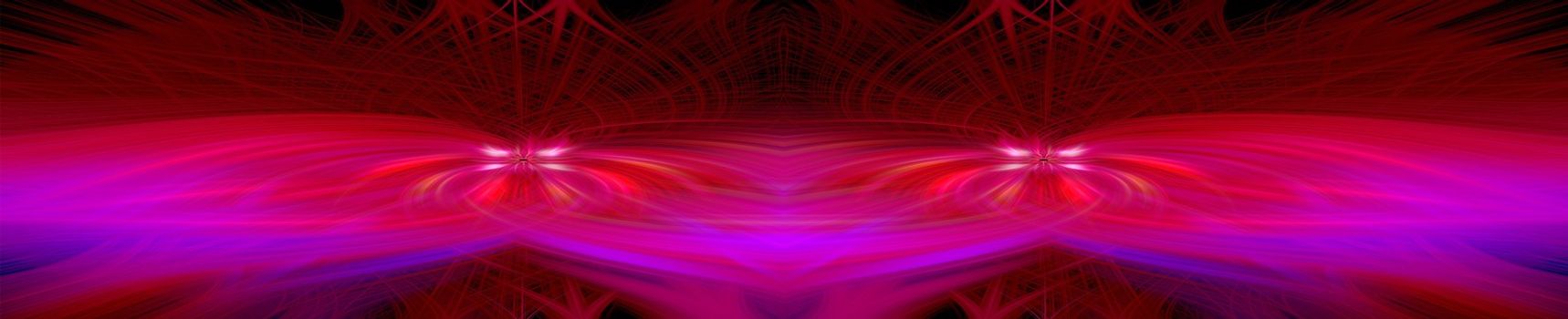 Beautiful abstract intertwined 3d fibers forming an ornament made of various symmetrical shapes. Purple, red, and blue colors. Red and black background. Illustration. Panorama size