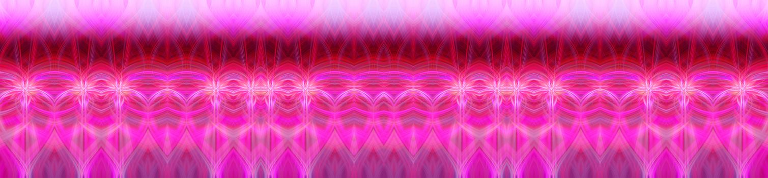 Beautiful abstract intertwined 3d fibers forming an ornament out of various symmetrical shapes. Purple, pink, red colors. Illustration. Panorama and banner size.