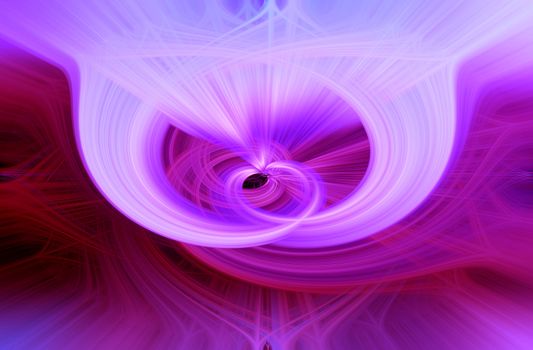 Beautiful abstract intertwined 3d fibers forming an ornament out of various symmetrical shapes with a vortex in the middle. Purple, pink, red, and blue colors. Illustration.
