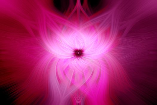 Beautiful abstract intertwined 3d fibers forming an ornament out of various symmetrical shapes which remind of a butterfly. Purple, pink, red colors. Black background. Illustration.