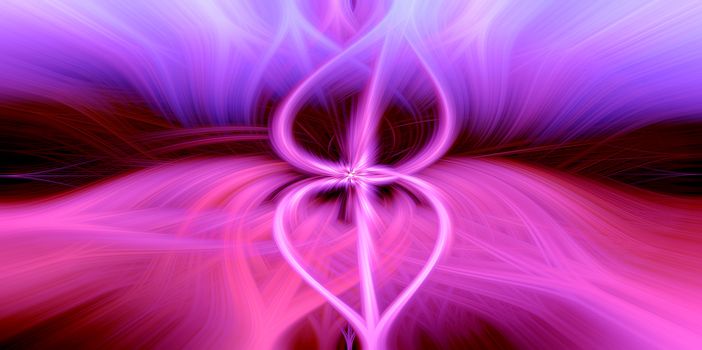 Beautiful abstract intertwined 3d fibers forming an ornament out of various symmetrical shapes. Two tied hearts in the middle. Purple, pink, and blue colors. Illustration.