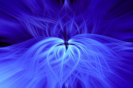 Beautiful abstract intertwined 3d fibers forming an ornament out of various symmetrical shapes. Blue color. Illustration.