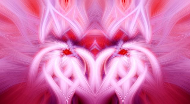 Beautiful abstract intertwined 3d fibers forming an ornament out of various symmetrical shapes. Purple, pink, red, and blue colors. Illustration.