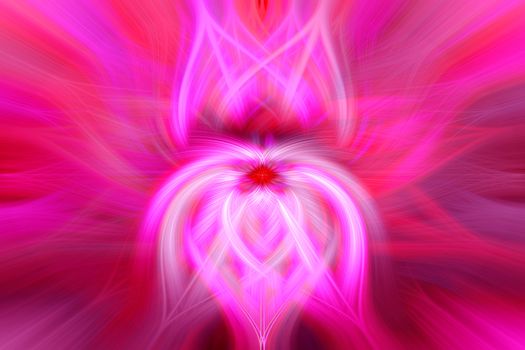 Beautiful abstract intertwined 3d fibers forming an ornament made of various symmetrical shapes. Pink, purple, and red colors. Illustration.