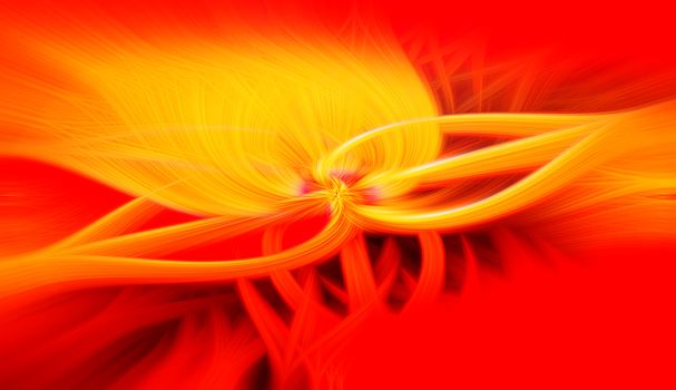 Beautiful abstract intertwined 3d fibers forming a shape of flame and sparkle Yellow, bright and dark red, orange colors. Illustration.