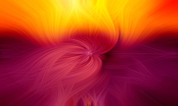 Beautiful abstract intertwined 3d fibers forming a shape of flame and sparkle Yellow, bright and dark red, orange, and purple colors. Illustration.