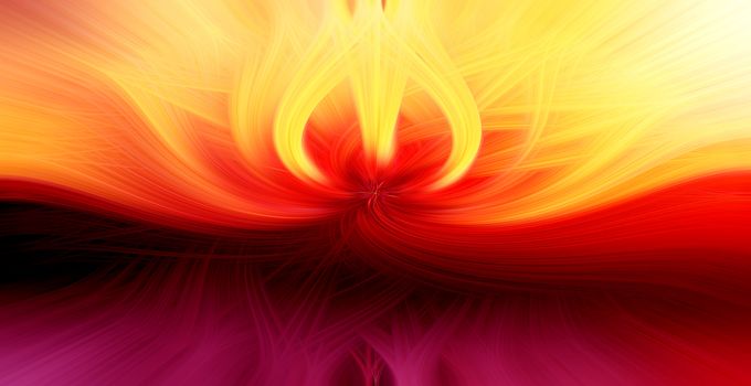 Beautiful abstract intertwined 3d fibers forming a shape of flame. Yellow, bright red and purple colors. Illustration.