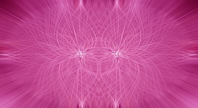 Beautiful abstract intertwined 3d fibers forming an ornament out of various flower like symmetrical shapes. Pink color. Illustration.