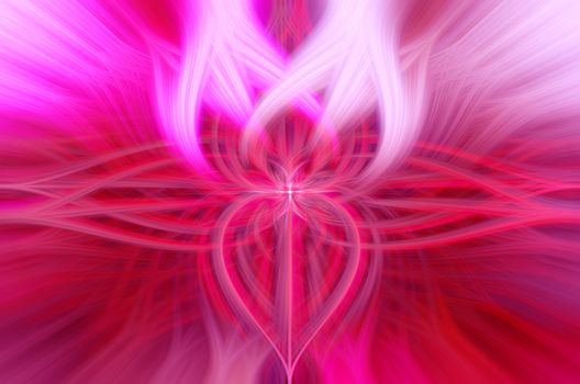 Beautiful abstract intertwined 3d fibers forming a shape of flame or flower. Pink, red, and purple colors. Illustration.