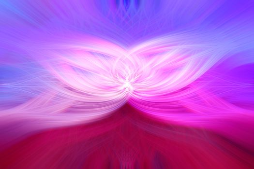 Beautiful abstract intertwined 3d fibers forming a shape of sparkle, flame or flower. Pink, blue, red, and purple colors. Illustration.