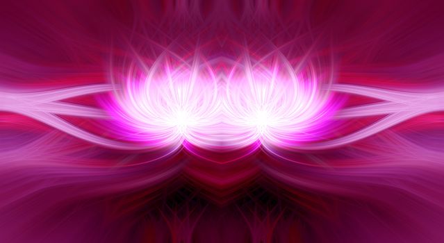 Beautiful abstract intertwined 3d fibers forming a shape of a flower or flame. Purple, red and pink colors. Symmetrical illustration.