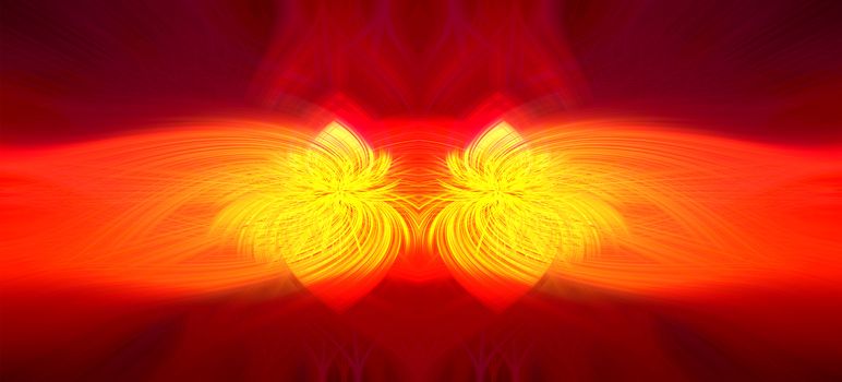 Beautiful abstract intertwined 3d fibers forming a shape of sparkle or flame. Yellow, bright red, and orange colors. Illustration.