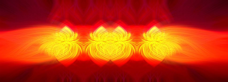 Beautiful abstract intertwined 3d fibers forming a shape of sparkle or flame. Yellow, bright red, and orange colors. Illustration. Panorama and banner size.