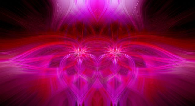 Beautiful abstract intertwined 3d fibers forming an ornament out of various symmetrical shapes. Purple, pink, red colors. Black background. Illustration.