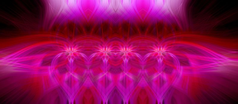 Beautiful abstract intertwined 3d fibers forming an ornament out of various symmetrical shapes. Purple, pink, red colors. Black background. Illustration. Panorama and banner size.