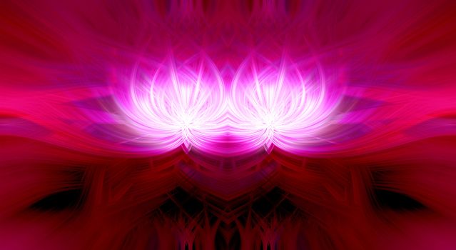 Beautiful abstract intertwined 3d fibers forming a shape of a flower or flame. Purple, red and pink colors. Symmetrical illustration.