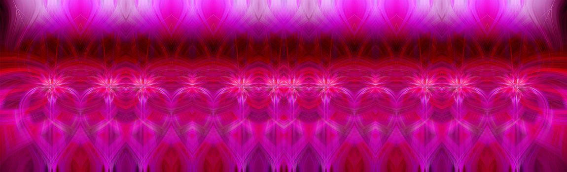 Beautiful abstract intertwined 3d fibers forming an ornament out of various symmetrical shapes. Purple, pink, red colors. Black background. Illustration. Panorama and banner size.