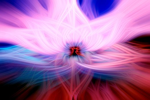 Beautiful abstract intertwined 3d fibers forming a shape of sparkle, flame or flower. Pink, blue, and red colors. Illustration.