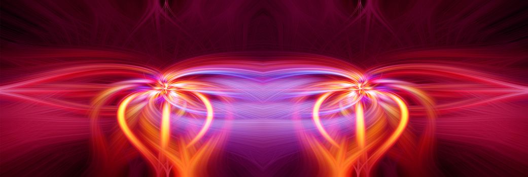 Beautiful abstract intertwined 3d fibers forming a shape of sparkle, flame, flower, interlinked hearts. Pink, blue, maroon, orange, yellow, and purple colors. Illustration. Banner and panorama size
