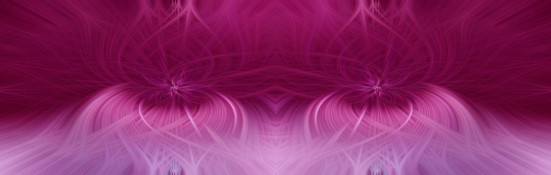 Beautiful abstract intertwined 3d fibers forming a shape of sparkle, flame, flower, interlinked hearts. Pink and purple colors. Illustration. Banner and panorama size