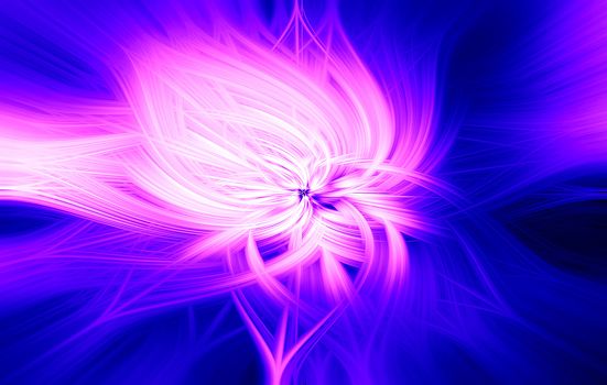 Beautiful abstract intertwined 3d fibers forming a shape of sparkle, flame, flower, interlinked hearts. Blue and pink colors. Illustration.