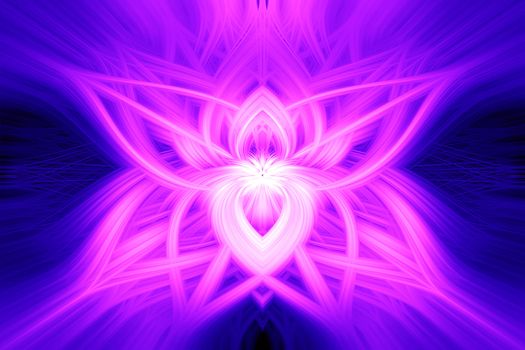 Beautiful abstract intertwined 3d fibers forming a shape of sparkle, flame, flower, interlinked hearts or butterfly. Pink, blue, and purple colors. Illustration.