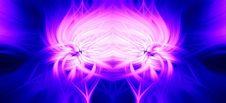 Beautiful abstract intertwined 3d fibers forming a shape of sparkle, flame, flower, interlinked hearts. Blue and pink colors. Illustration.