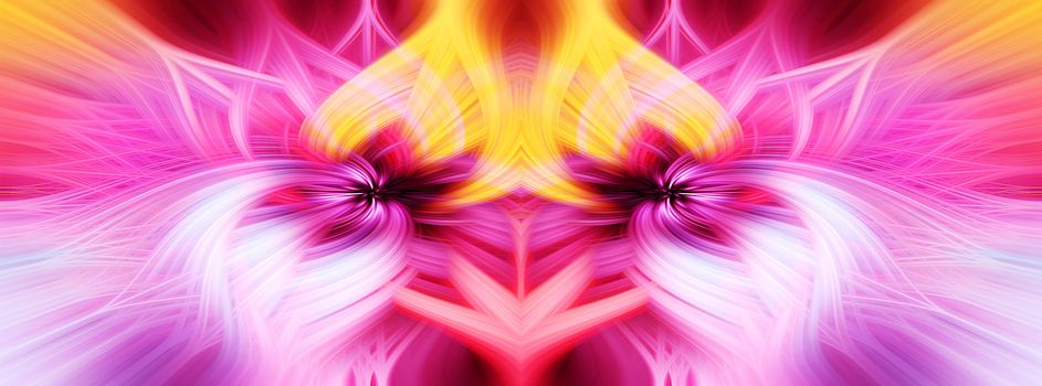 Beautiful abstract intertwined 3d fibers forming a shape of sparkle, flame, flower, interlinked hearts. Pink, blue, yellow, maroon, orange, and purple colors. Illustration. Banner and panorama size