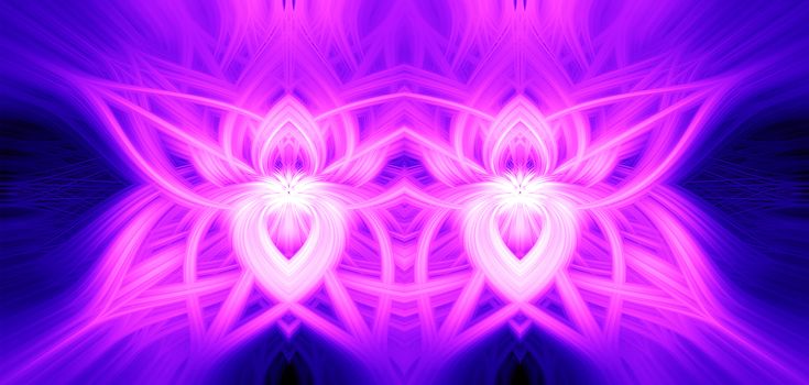 Beautiful abstract intertwined 3d fibers forming a shape of sparkle, flame, flower, interlinked hearts or butterfly. Pink, blue, and purple colors. Illustration.