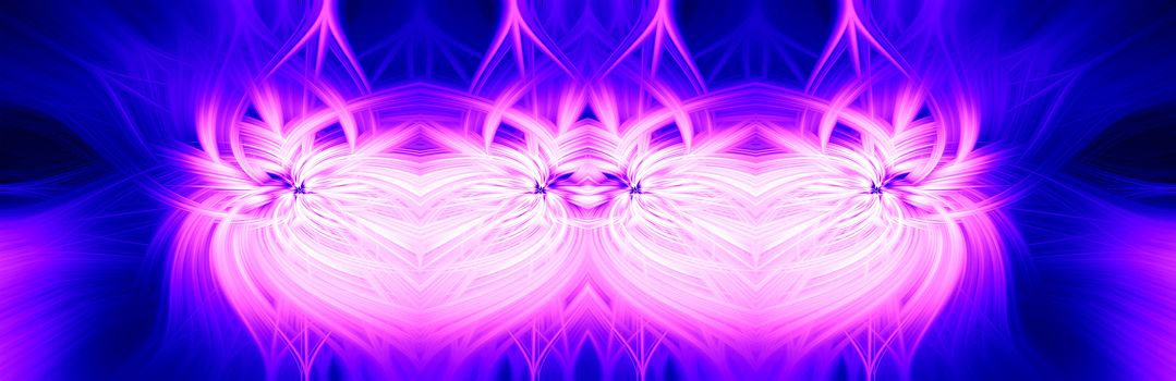 Beautiful abstract intertwined 3d fibers forming a shape of sparkle, flame, flower, interlinked hearts. Blue and pink colors. Illustration. Banner and panorama size
