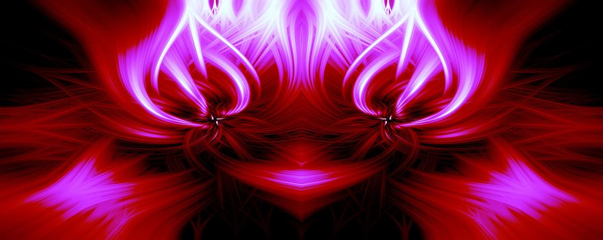 Beautiful abstract intertwined 3d fibers forming a shape of sparkle, flame, flower, interlinked hearts. Pink, maroon, and purple colors. Illustration.
