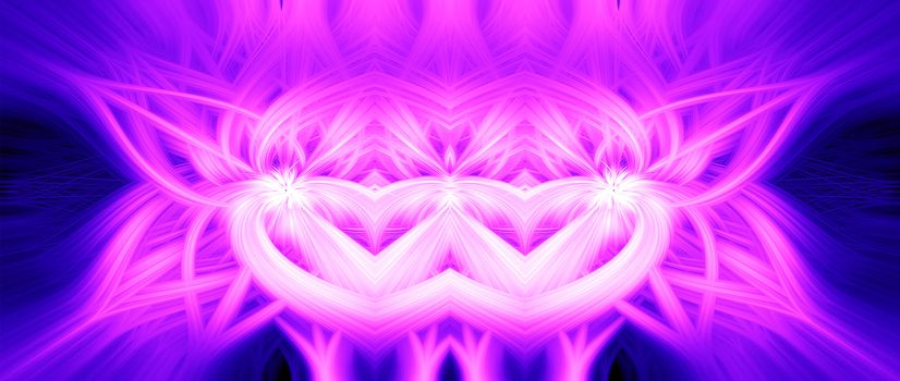 Beautiful abstract intertwined 3d fibers forming a shape of sparkle, flame, flower, interlinked hearts. Pink, blue, and purple colors. Illustration. Banner and panorama size