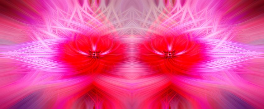 Beautiful abstract intertwined 3d fibers forming a shape of sparkle, flame, flower, interlinked hearts. Pink, red, and purple colors. Illustration. Banner and panorama size