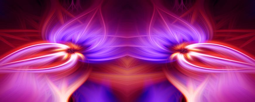 Beautiful abstract intertwined 3d fibers forming a shape of sparkle, flame, flower, interlinked hearts. Pink, blue, maroon, orange, and purple colors. Illustration. Banner and panorama size