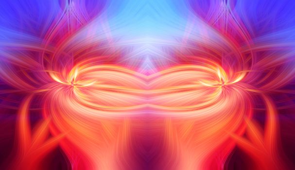 Beautiful abstract intertwined 3d fibers forming a shape of sparkle, flame, flower, interlinked hearts, star. Pink, blue, maroon, orange, and purple colors. Illustration.