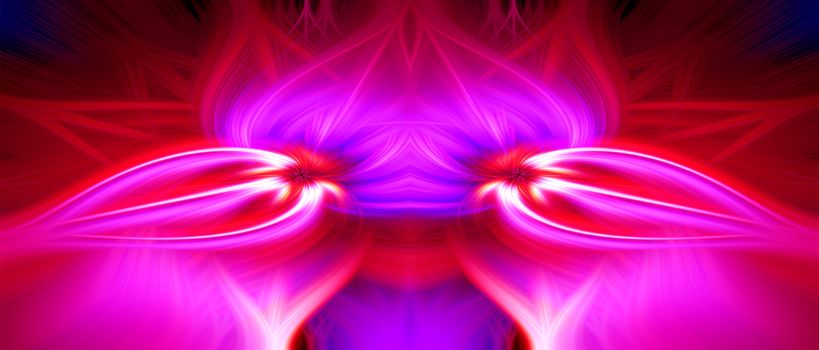 Beautiful abstract intertwined 3d fibers forming a shape of a magical dragon, alien or another creation. Pink, maroon, red, and purple colors. Illustration.