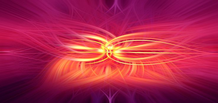 Beautiful abstract intertwined 3d fibers forming a shape of sparkle, flame, flower, interlinked hearts. Pink, maroon, orange, and purple colors. Illustration.