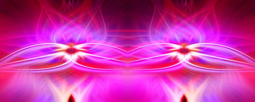 Beautiful abstract intertwined 3d fibers forming a shape of sparkle, flame, flower, interlinked hearts. Pink, blue, maroon, orange, and purple colors. Illustration. Banner and panorama size