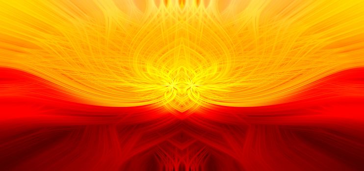 Beautiful abstract intertwined 3d fibers forming a shape of sparkle, flame, flower, interlinked hearts or magical creature. Yellow and red colors. Illustration.