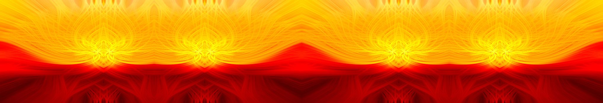 Beautiful abstract intertwined 3d fibers forming a shape of sparkle, flame, flower, interlinked hearts. Yellow and red colors. Illustration. Banner and panorama size