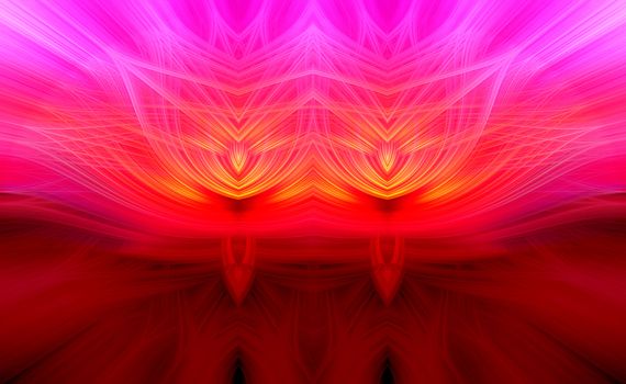 Beautiful abstract intertwined 3d fibers forming a shape of sparkle, flame, flower or magical creature. Pink, red, maroon, orange, and purple colors. Illustration.