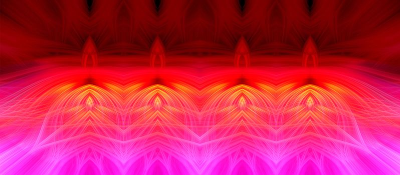 Beautiful abstract intertwined 3d fibers forming a shape of sparkle, flame, flower or magical creature. Pink, red, maroon, orange, and purple colors. Illustration. Banner, panorama size.