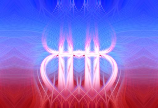 Beautiful abstract intertwined 3d fibers forming a shape of sparkle, flame, flower, interlinked hearts. Pink, blue, maroon, and purple colors. Illustration.