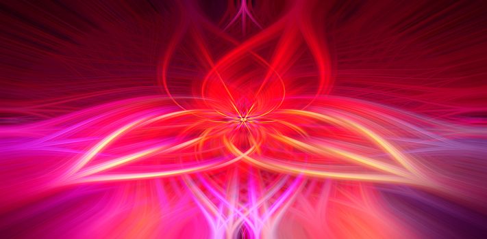 Beautiful abstract intertwined 3d fibers forming a shape of sparkle, flame, flower, interlinked hearts. Pink, blue, maroon, orange, and purple colors. Illustration.