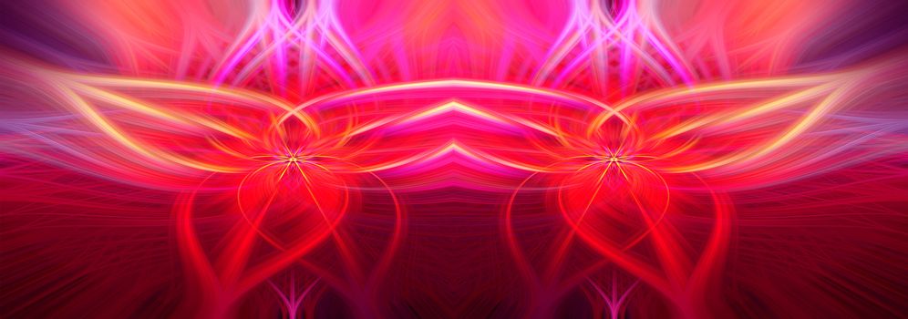 Beautiful abstract intertwined 3d fibers forming a shape of sparkle, flame, flower, interlinked hearts. Pink, blue, maroon, orange, and purple colors. Illustration. Banner and panorama size