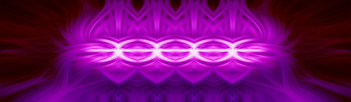 Beautiful abstract intertwined 3d fibers forming a shape of sparkle, flame. Maroon and purple colors. Illustration. Banner and panorama size.