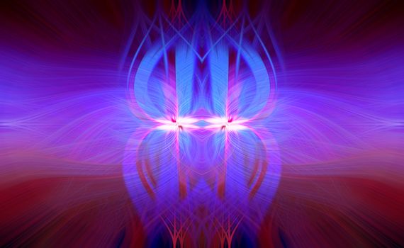 Beautiful abstract intertwined 3d fibers forming a shape of sparkle, flame, flower, interlinked blue hearts. Pink, blue, maroon, and purple colors. Illustration.