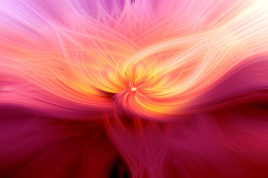 Beautiful abstract intertwined 3d fibers forming a shape of sparkle, flame, flower, interlinked hearts. Pink, maroon, orange, and purple colors. Illustration.