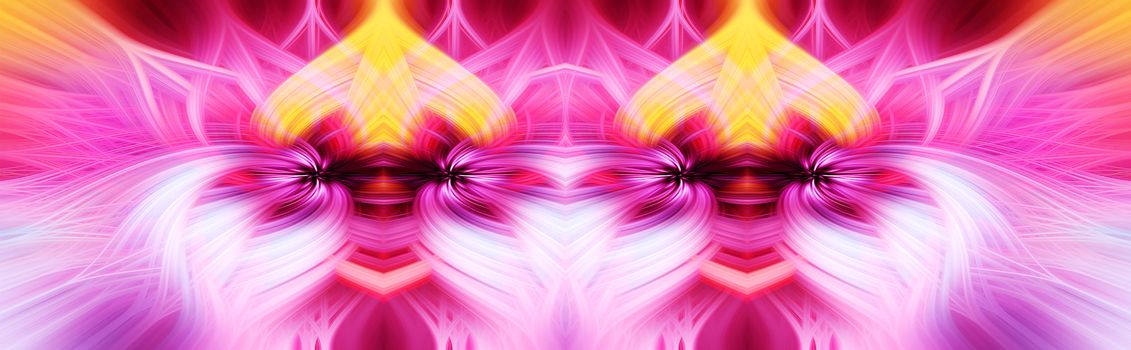 Beautiful abstract intertwined 3d fibers forming a shape of sparkle, flame, flower, interlinked hearts. Pink, maroon, orange, and purple colors. Illustration. Banner and panorama size