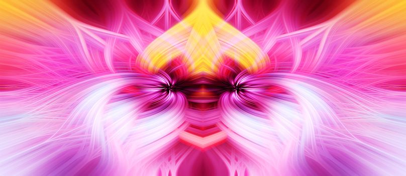Beautiful abstract intertwined 3d fibers forming a shape of sparkle, flame, flower, interlinked hearts. Pink, maroon, orange, and purple colors. Illustration.